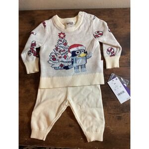 New Infant Boys Off White Bluey Christmas‎ Sweater & Pants Outfit Size Newborn